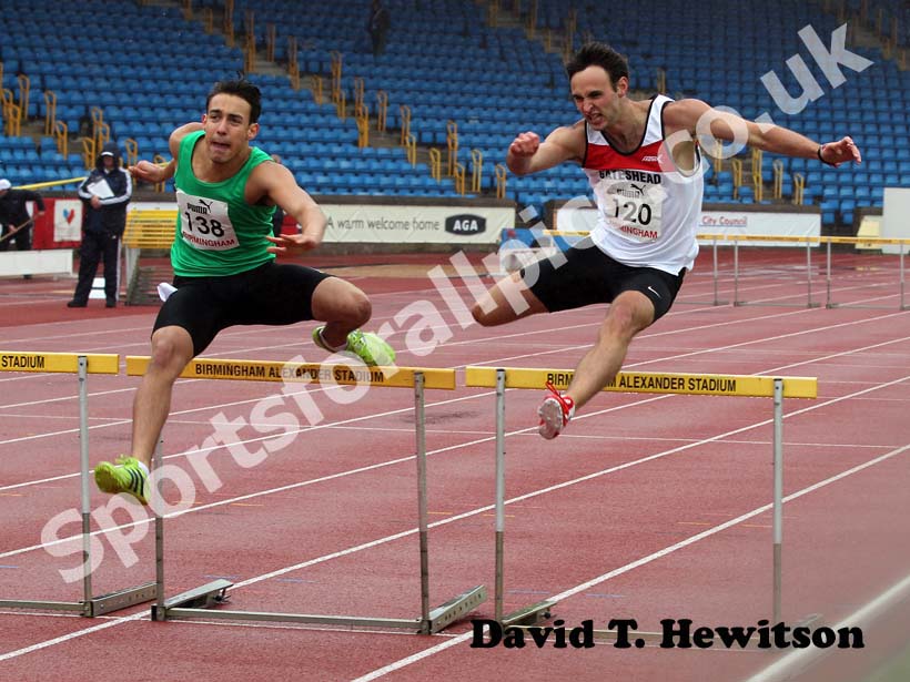 David Dempsey (Gateshead Harriers) and 138 Cameron Irwin (Colchester Harriers) in the 400 metres Hurdles at the 2012 England and North Champs.